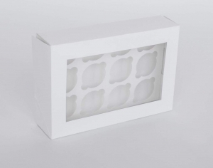 12 Regular Cupcake Boxes with Clear Window - Gloss White (32.2x22.8x8.1cm)