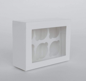 6 Regular Cupcake Boxes with Clear Window - Gloss White (22.2x16.9x8.1cm)