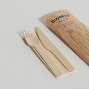 Bioway Wooden Cutlery Pack -  Knife, Fork, Napkin Set (Ctn of 400)